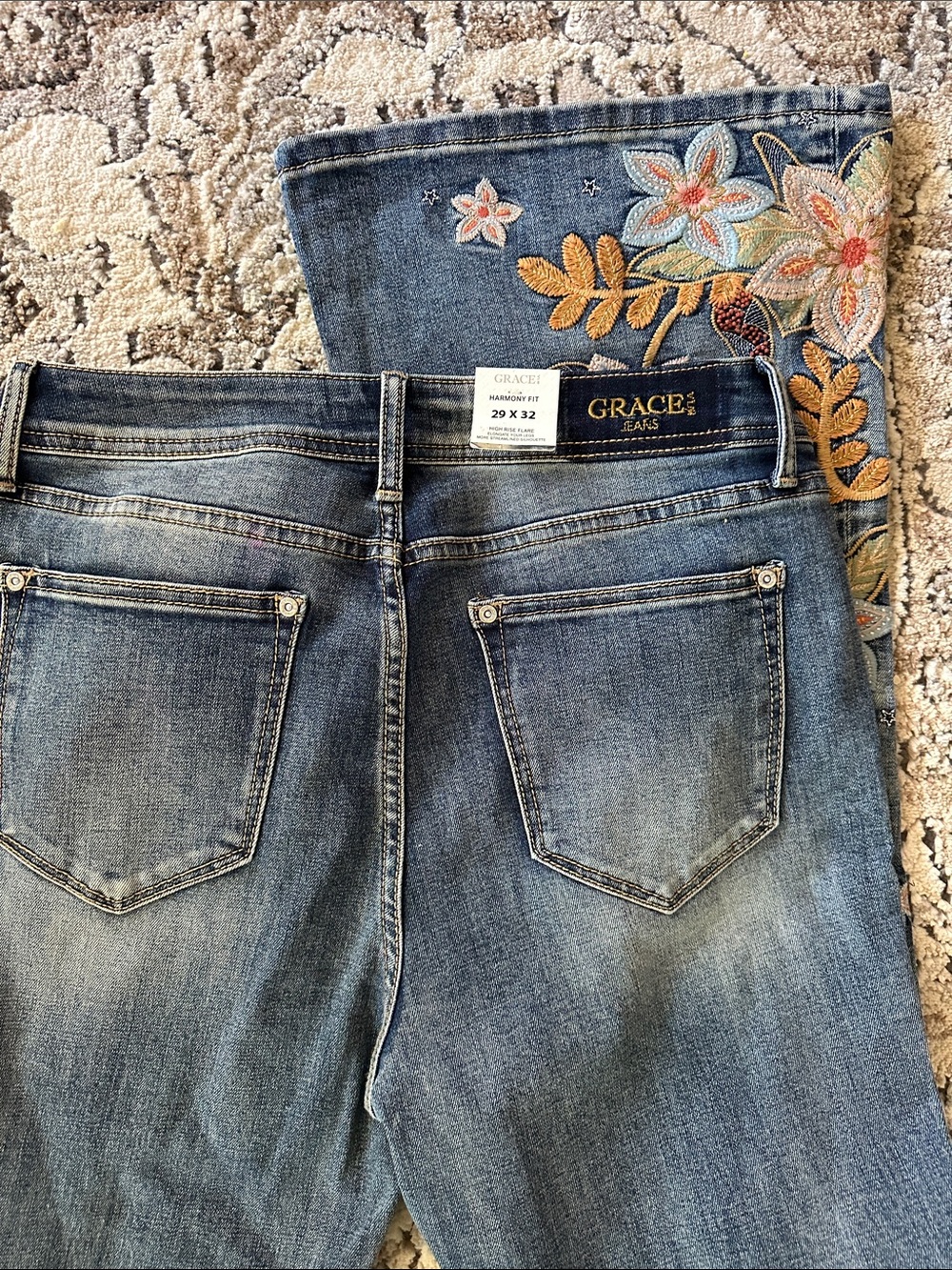 Grace Embroidered Floral Blue Flare Jeans - Picture 3 of 3